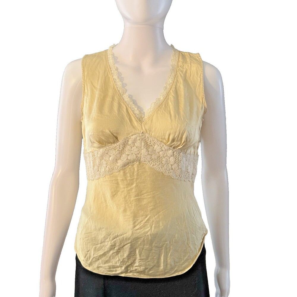 VTG Y2K New York & Company Butter Yellow Silk Babydoll Camisole Top Lace SZ L